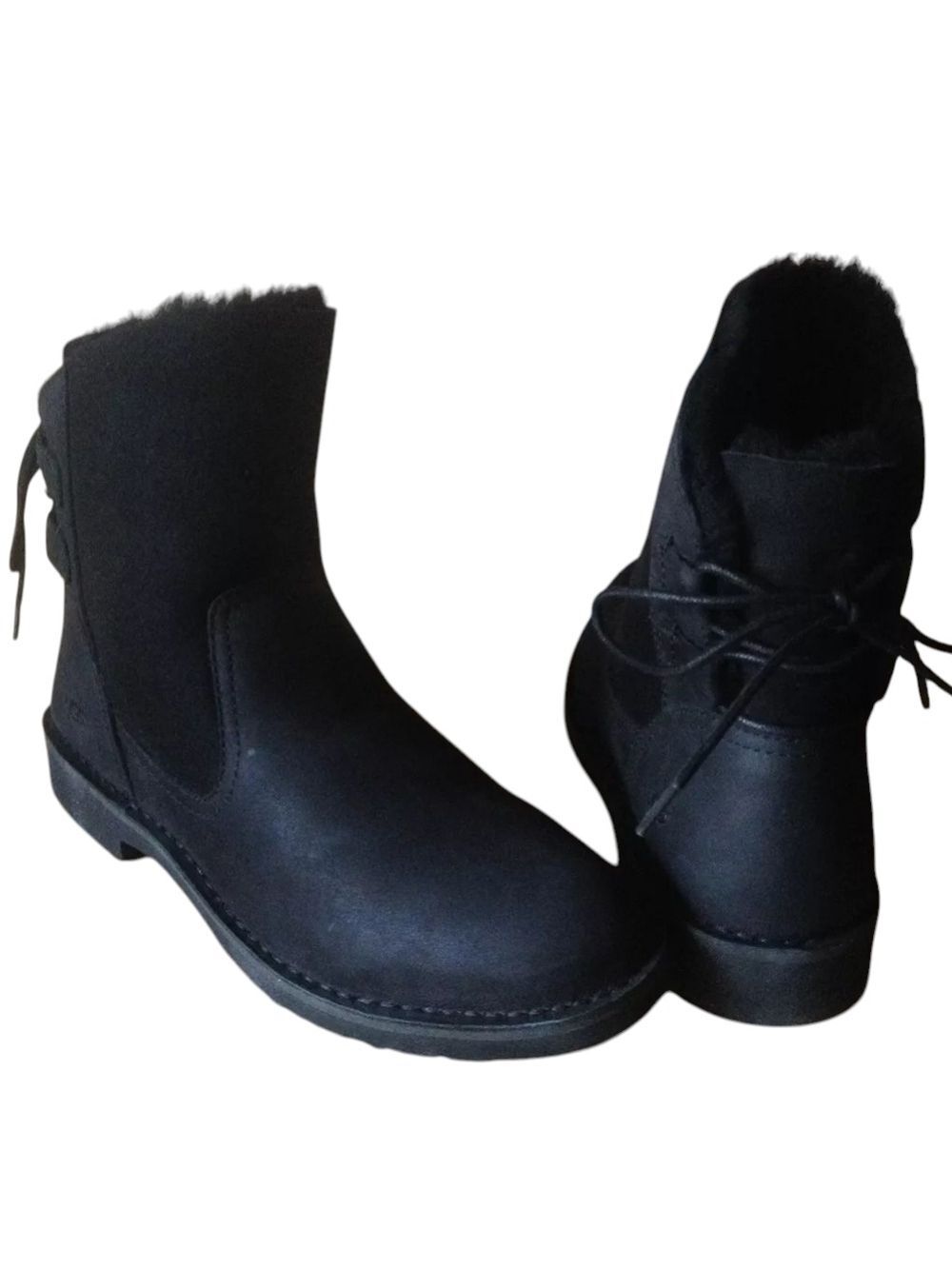 UGG Naiyah Pale Black Fur Leather Lace-up Bow Ankle Booties